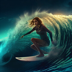 Woman surfing at nigth, surf, sport, sea, summer, beach