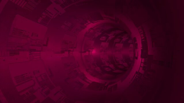 Animated magenta red sci-fi circular tunnel with electronic circuit board texture on surface background