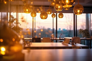 Elegant coworking in the city, workspace and desks, design, architecture, golden hour. 