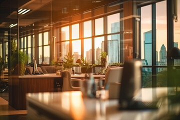 Fototapeta premium Elegant coworking in the city, workspace and desks, design, architecture, golden hour. 