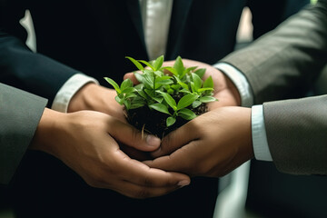 Hands holding a plant with green background, generative IA