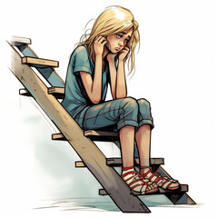 Blonde girl in a ladder, depressed, depression, sadness, thinkful, bored