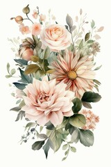 Blossoming Harmony: Immerse Yourself in the Delightful Watercolor Bouquet of Flowers on white background. Generative AI.
