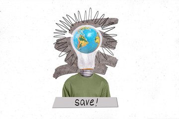 Collage metaphor composite picture illustration of headless electric light bulb planet earth save...