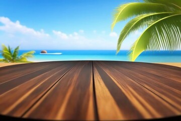 Wooden table on blurred sea