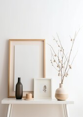 Minimalist Elegance: White Background with Minimalistic Mockup Frames. Generative AI.
