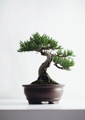 Tranquil Beauty: Minimalistic Bonsai Tree on White Background. Generative AI