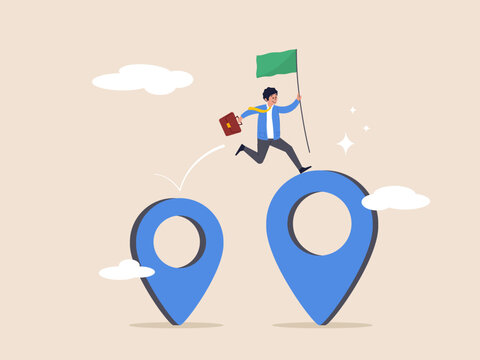 New Location Concept. Business Relocation, Move Office To New Address Or Transfer, Businessman Company Owner Jumping From Map Navigation Pin To New One Metaphor Of Relocation.