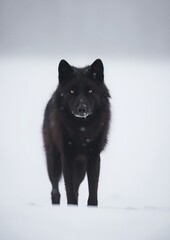 Solitary Black Wolf: A Captivating Minimalistic Encounter in the Snow. Generative AI