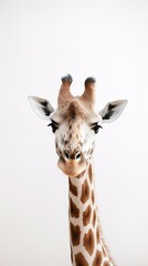 Obraz premium Elegance: Minimalistic Giraffe in White Studio. Generative AI