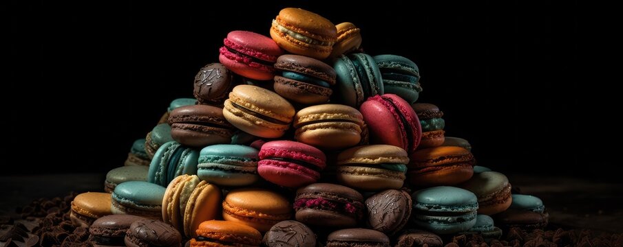 Stack of colorful macrons, isolated on the dark background. 