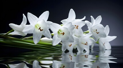 Some of white wet easter lily flowers and soak in the water and some water drops, reflect on the water. Generative AI technology.