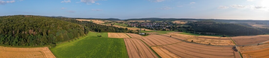 Bird's-eye view of a summery landscape in the Taunus/Germany with grain fields