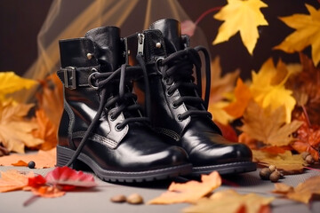 Luxury glamour autumn woman`s boots. Super photo realistic background, generative ai illustration.