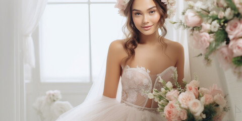 Hübsche weiße Model Braut mit Hochsteckfrisur und Brautstrauß am Fenster mit strahlenden lachen Poster Porträt, ai generativ