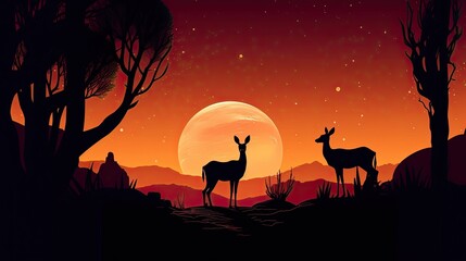 Silhouette of deer in the forest at night with big moon. Vector style illustration