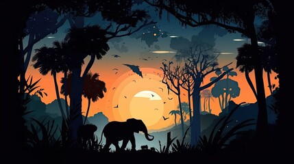 Black silhouettes of elephants in the jungle at sunset, vector style wild animal  illustration