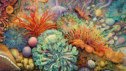 Obraz na płótnie Canvas Marvel at the intricate patterns of symmetrical coral reefs, adorned with a kaleidoscope of vibrant hues. Generative AI