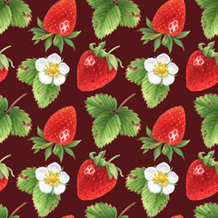 Watercolor seamless pattern with strawberries. Berries, leaves and strawberry flowers