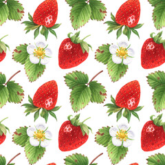 Watercolor seamless pattern with strawberries. Berries, leaves and strawberry flowers