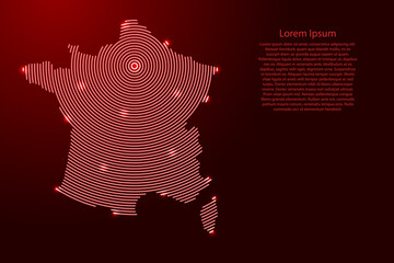 France, map from futuristic concentric red circles and glowing stars for banner, poster, greeting card