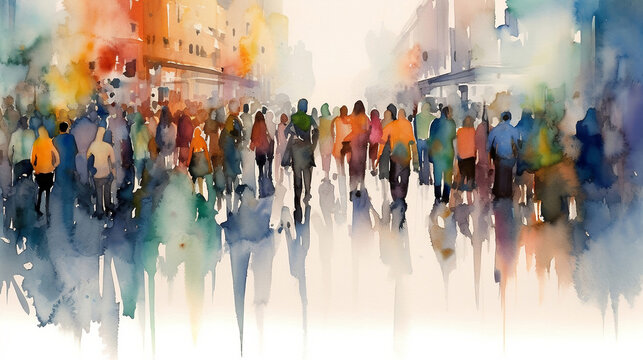Watercolor illustration: panorama of a city street with people walking, Crowd of people. Meeting on the street. Generative ai.