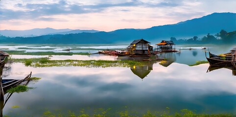 Obraz premium Houses and gardens on the lake against the backdrop of the mountains.
