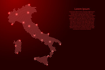 Italy, map from futuristic concentric red circles and glowing stars for banner, poster, greeting card