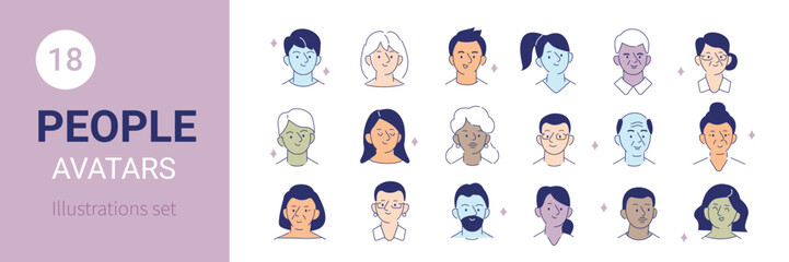 People avatars illustrations. Mega set of hand drawn doodle characters faces. User profile icons for social media, website or app design. Vector illustration.
