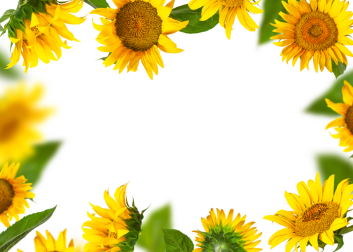 Frame made of Flying yellow sunflowers, green leaves isolated on white background. With clipping path. Cut out Sunflower. Beautiful floral card. Template for design. Mockup