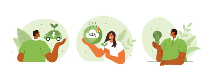 Obraz premium Sustainability concept illustration. Collections of men and women characters reducing CO2 emission by using green energy and electric car. Vector illustrations set.