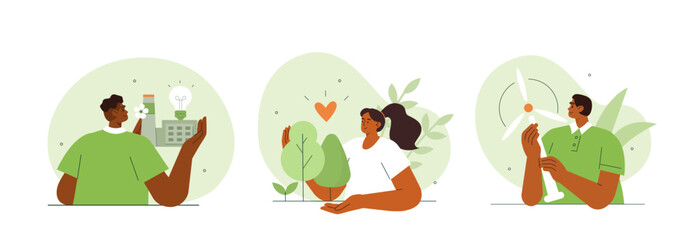 Sustainable development concept illustration. Collections of men and women characters showing benefits of green industry, renewable energy and forest conservation. Vector illustrations set. - 615461860