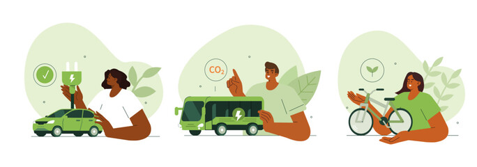 Sustainable transport concept illustration. Collections of men and women characters showing benefits of electric transportation with car, bus and bike. Vector illustrations set. - 615461890