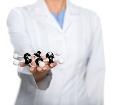 Scientist holding molecule form isolated on white background, close up