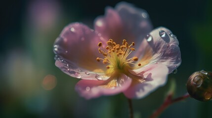 Fototapeta premium macro photography of a closeup colourful wet flower with water drops in a delicate and soft light environment. generative ai