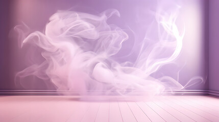 A beautiful abstract modern light lilac backdrop for a product presentation with a smooth floor and trailing smoke, --aspect 16:9