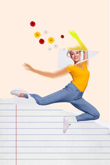 Template collage magazine artwork of young lady levitating doing magic with blurred arms making...
