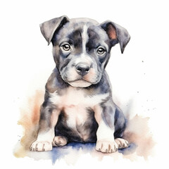 Staffordshire bull terrier puppy. Stylized watercolour digital illustration of a cute dog with big eyes. - obrazy, fototapety, plakaty