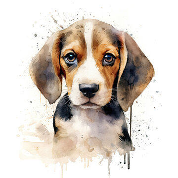 Beagle puppy. Stylized watercolour digital illustration of a cute dog with big eyes. AI
