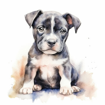 Staffordshire bull terrier puppy. Stylized watercolour digital illustration of a cute dog with big eyes.
