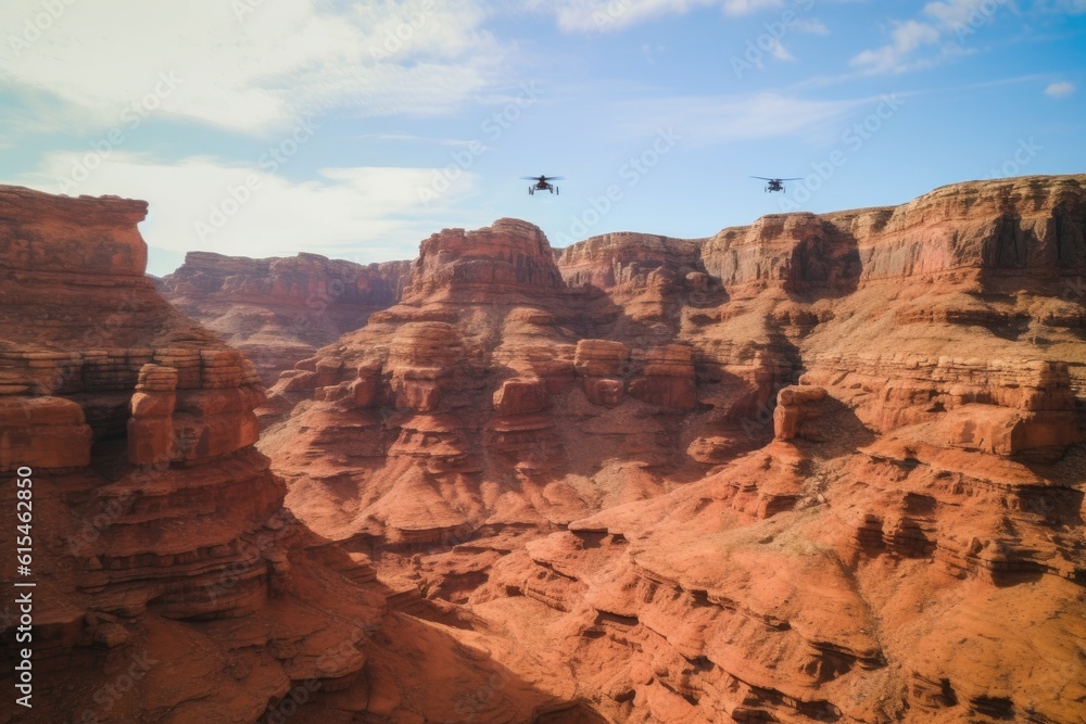 Poster shot of a drone flying above red rock formations, created with generative ai