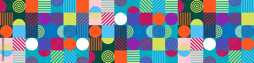 Poster abstract geometric bauhaus grid pattern. simple shapes combination horizontal banner. memphis style 