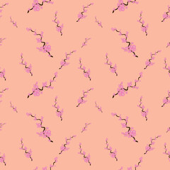 Print for textiles, fabrics and wallpapers. Beautiful twigs of sakura blooming flowers on a pale pink background. Romantic light pattern, seamless, repeating