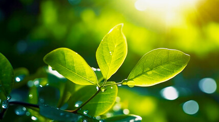 Fototapeta na wymiar Spring natural background. Big drops of water with sun flare on leaf sparkles in sunlight in beautiful environment, macro. Beautiful artistic image of beauty and purity of nature, generative ai