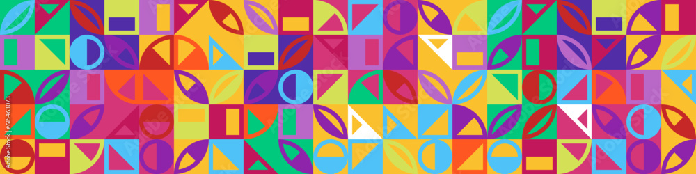 Poster abstract geometric bauhaus grid seamless pattern. simple shapes combination horizontal banner. memph