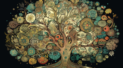 Estilo de fantasia onírica desenhado à mão da árvore da vida.