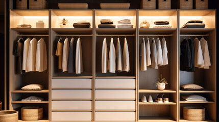 Illuminated and organized modern style wardrobe. Generative AI