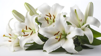 Some white Madonna Lily flower arrangement and some leaf laying on studio shot white background. Generative AI technology.