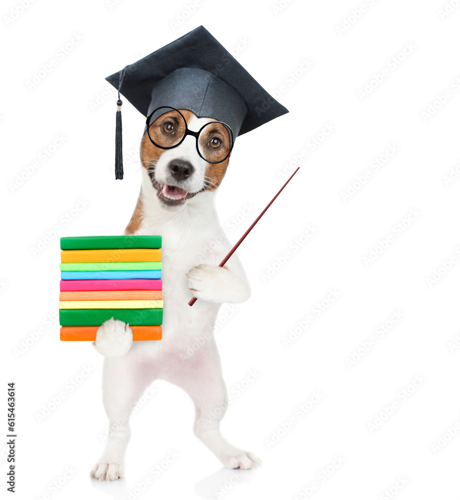 Poster graduated dog wearing eyeglasses holding books and pointing away on empty space. isolated on white b