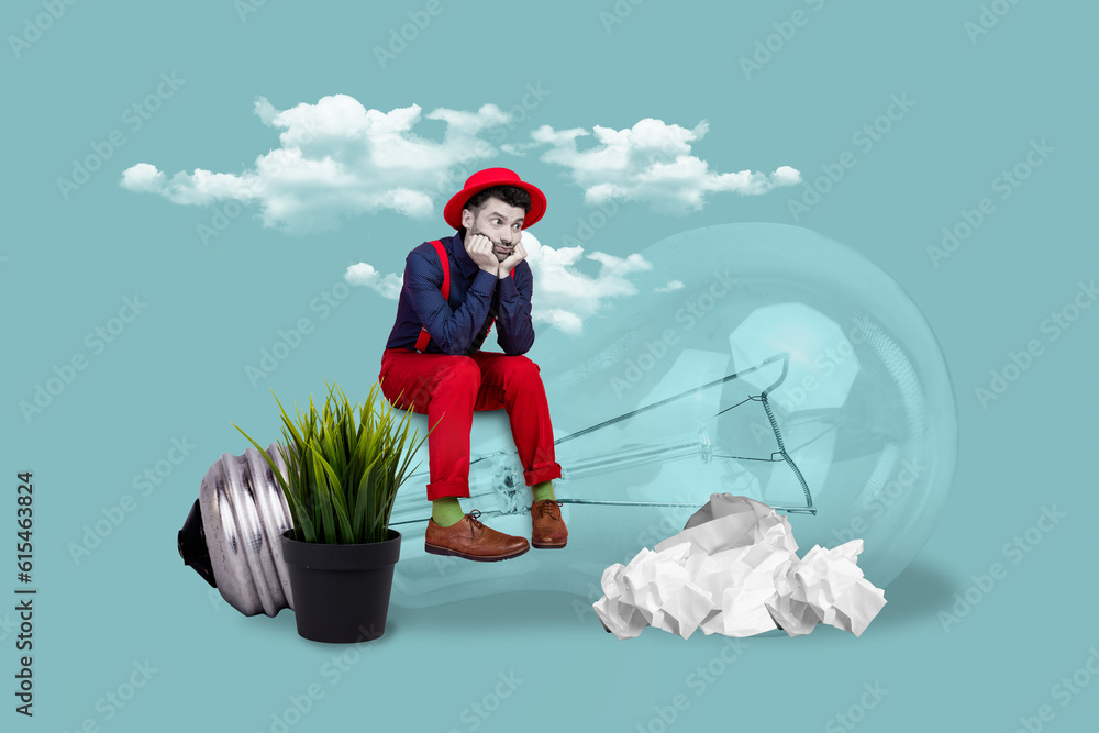 Aufkleber magazine surreal template collage of upset young guy worker working on project have no idea sit on l
